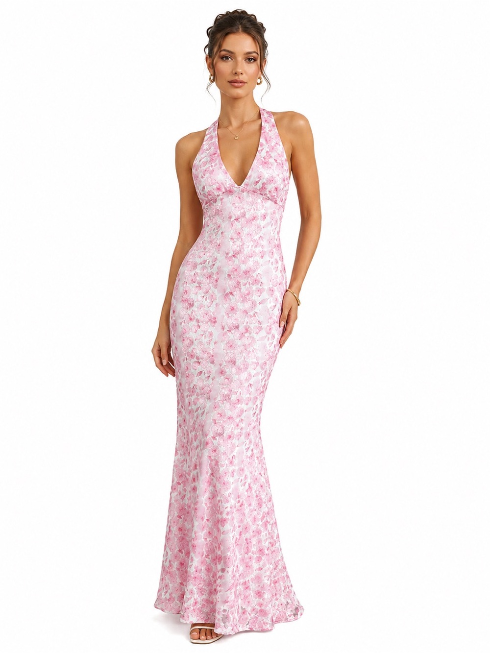 Commense Cherry Blossom Halter Backless Long Dress - Size S